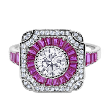 Antique Style Engagement Ring Baguette Simulated Ruby CZ 925 Sterling Silver